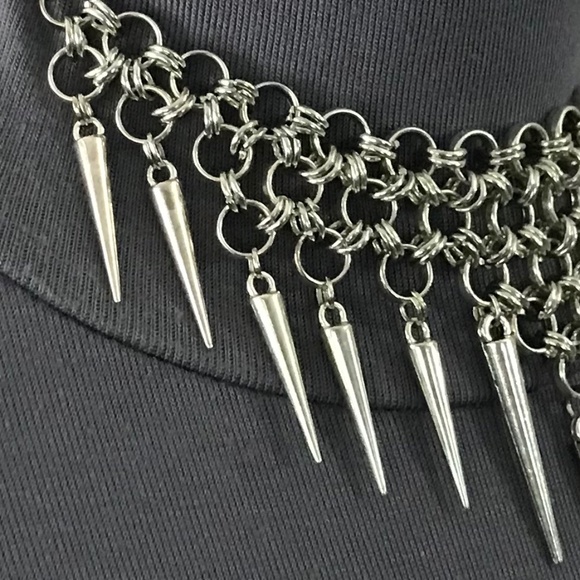Gothic Tribal Silver Warrior Chainmail Spike Handmade Adjustable Choker Necklace - Picture 3 of 15